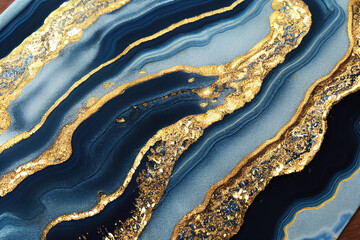 Blue and golden acrylic liquid ink swirl abstract background with ravishing turbulence wavy pattern and detailed texture. Luxury fluid liquid art by Generative AI.