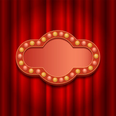 Frame template in retro style with light bulbs on the background of a red curtain. Banner for circus, casino, show.