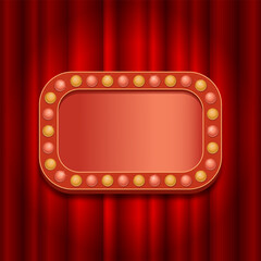 Frame template in retro style with light bulbs on the background of a red curtain. Banner for circus, casino, show.