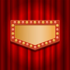 Frame template in retro style with light bulbs on the background of a red curtain. Banner for circus, casino, show.