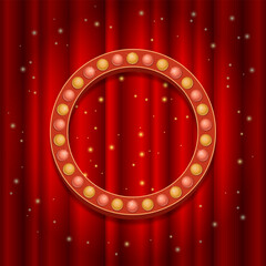 Frame template in retro style with light bulbs on the background of a red curtain. Banner for circus, casino, show.