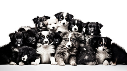 A pile of puppies, grey and black, cuddle together on a clear white background.
