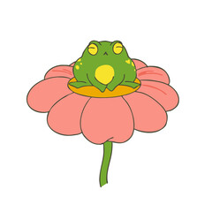 Green small frog sitting on a pink flower. Cute illustration in cartoon style. Vector artwork can be used as an icon, sticker or postcard