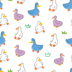 Seamless Pattern of Cartoon Duck Design on White Background