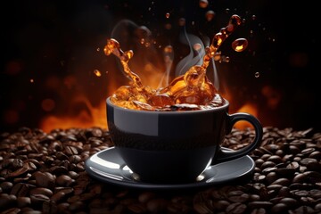Morning coffee, hot espresso in coffee for splash, aromatic drink with fallen coffee beans and vapor on black background.