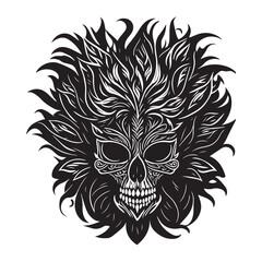 Decorative tribal skull with floral design black outline vector on white background