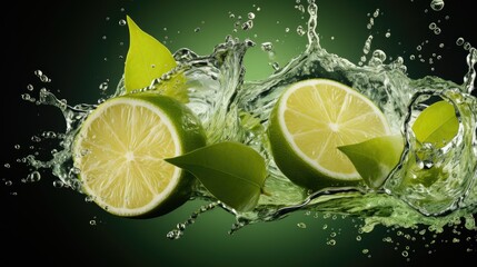 Juicy lime with mint. Splash of mojito with lime and mint. Refreshing lime in splashes of water. Juicy citruses creative vector illustration. Juicy fruits, lemonade. Water drops. Generative ai