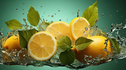 Fototapeta na wymiar Juicy lemon with mint. Splash of refreshing lemonade with mint. Slices of lemons in splashes of water. Juicy citruses llustration. Juicy fruit, mojito, lemon juice. Water drops. Generative ai