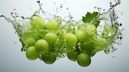 Juicy green grapes. Grape juice splash. Ripe grapes in water splash creative vector illustration....