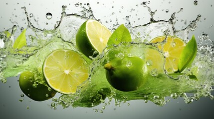 Juicy lime with mint. Splash of mojito with lime and mint. Refreshing lime in splashes of water. Juicy citruses creative vector illustration. Juicy fruits, lemonade. Water drops. Generative ai