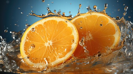 Fototapeta na wymiar Juicy orange. A splash of refreshing orange. Slices of oranges in splashes of water. Juicy citrus fruits creative vector illustration. Juicy fruits, orange juice. Water drops. Generative ai.
