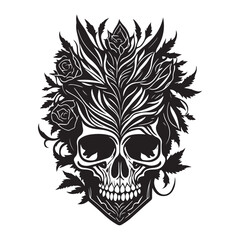 Decorative tribal skull with floral design black outline vector on white background