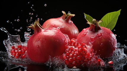 Juicy pomegranate. Pomegranate splash. Pomegranate in splashes of water. Juicy pomegranate fruit  illustration. Juicy fruits and juice.