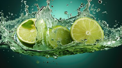 Juicy lime with mint. Splash of mojito with lime and mint. Refreshing lime in splashes of water. Juicy citruses creative vector illustration. Juicy fruits, lemonade. Water drops. Generative ai