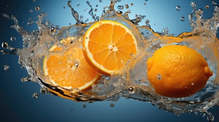 Fototapeta na wymiar Juicy orange. A splash of refreshing orange. Slices of oranges in splashes of water. Juicy citrus fruits creative vector illustration. Juicy fruits, orange juice. Water drops. Generative ai.