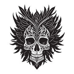 Decorative tribal skull with floral design black outline vector on white background
