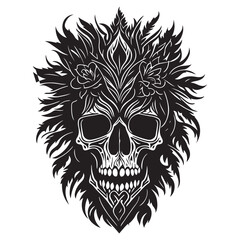 Obraz premium Decorative tribal skull with floral design black outline vector on white background