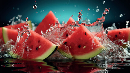 Fototapeta na wymiar Juicy watermelon. Watermelon splash. Ripe watermelon in splashes of water. Juicy fruit watermelon creative vector illustration. Juicy fruits and juice. Water drops.