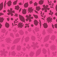 Gradient pink floral seamless pattern. Small red and pink flowers on bright pink background. Hand drawn tiny monochrome botanical elements for fashion design