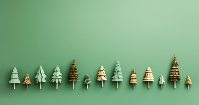 Illustration of wooden Christmas trees toy aligned in nice lines, against pastel green background. Generative AI.