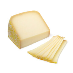 Piece of Chistera chevre and brebis cheese and slices isolated on white background close up