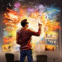 An energetic entrepreneur sketching ideas on a large whiteboard - immersive knowledge