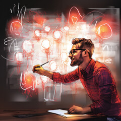 An energetic entrepreneur sketching ideas on a large whiteboard - new sketches
