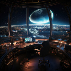 An astronauts home office in a space station - deep space