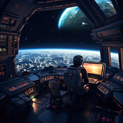 An astronauts home office in a space station - space journey