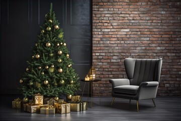 Christmas room interior of the loft. Gifts, candles and warm lighting inside. An armchair with a table near a Christmas tree with gifts, modern design; Generative AI