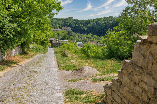Old stone medieval walls in Kamianets-Podilskyi fortress, Ukraine.