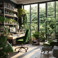 A verdant biophilic home office with integrated plants - bright afternoon