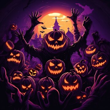 photo Halloween party background with spooky castle evil pumpkins for Halloween day. Ai generated