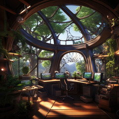 A treehouse home office in a futuristic forest - future tree office