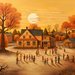 A traditional school with children playing around - peaceful sunset - after school