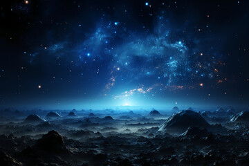 Blue space background with Earth behind it in stealth style, dark blue. AI generative