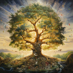 A towering tree with leaves made of different educational themes - peaceful