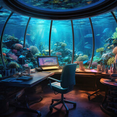 A submerged home office with a panoramic view of an underwater scenery - underwater office