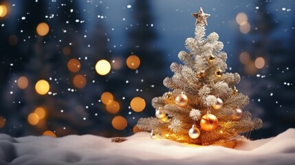 Fototapeta na wymiar Christmas Tree on Blurred Shiny Lights at snow top of blur mountain background. Christmas Eve concept.
