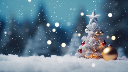 Fototapeta na wymiar Christmas Tree on Blurred Shiny Lights at snow top of blur mountain background. Christmas Eve concept.