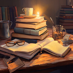 A stack of well-worn books with a pair of glasses - evening school