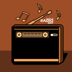 A classic radio on a brown table, with bold text on brown background to commemorate National Radio Day on August 20