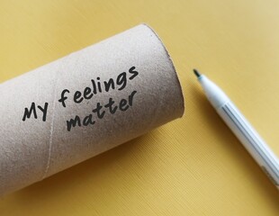 Toilet paper roll on yellow background with handwritten text My Feelings Matter - concept of self...