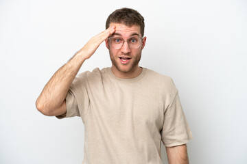 Young caucasian man isolated on white background has realized something and intending the solution