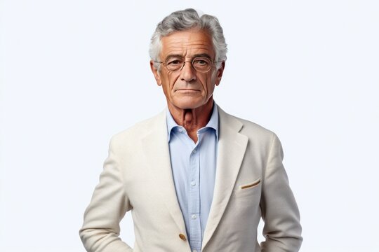 Elderly Man Baby Boomer Generation Person In Glasses And Suit On White Background. Generative AI