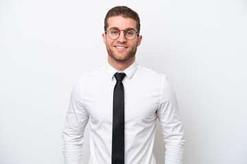 Young business caucasian man isolated on white background laughing