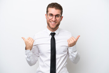 Young business caucasian man isolated on white background with thumbs up gesture and smiling