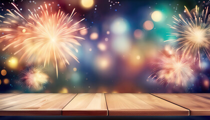 Colorful fireworks display over empty wood table with copy space