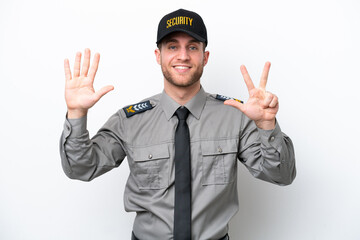 Young safeguard caucasian man isolated on white background counting eight with fingers