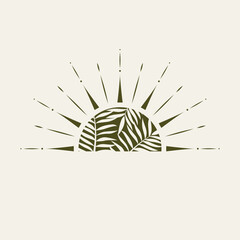 Tropical sun and leves natural logo design. Bohemian style icon.